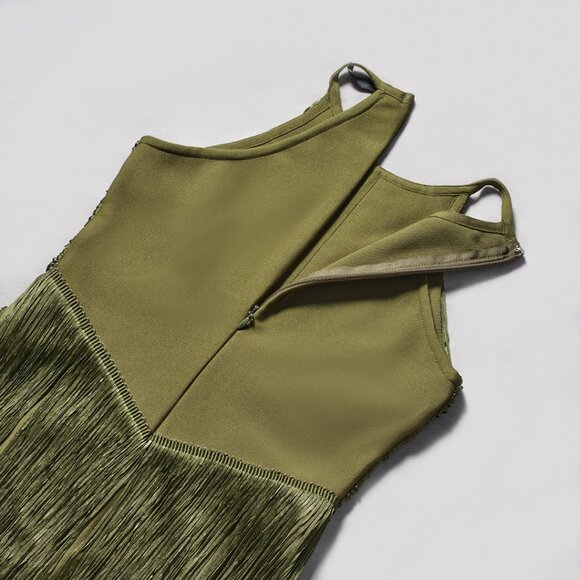 🌿 STUNNING Olive Green Fringe Halter Gown - Flowy Sleeveless Maxi Dress! - Picture 6 of 11